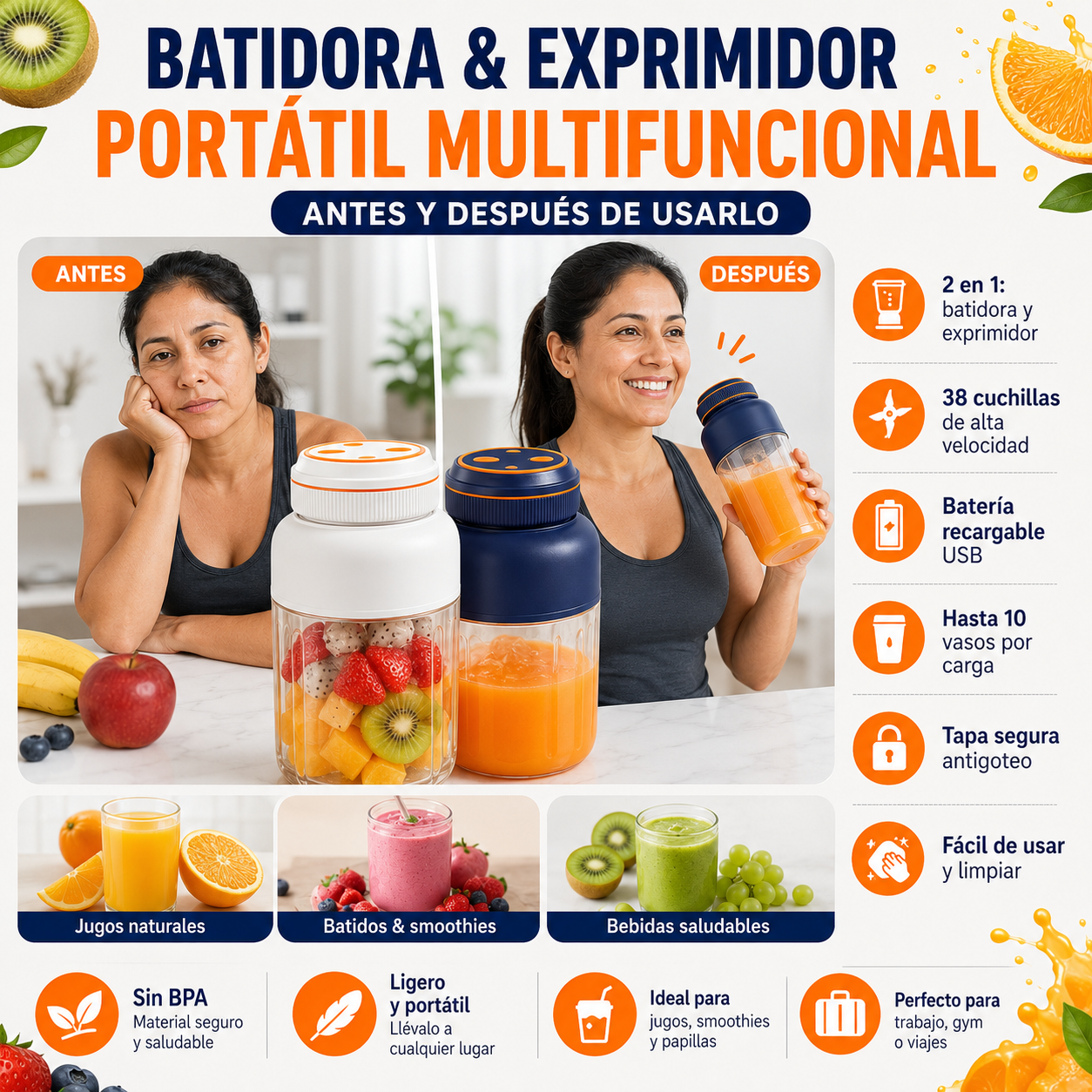 Vaso exprimidor y batidora portátil multifuncional