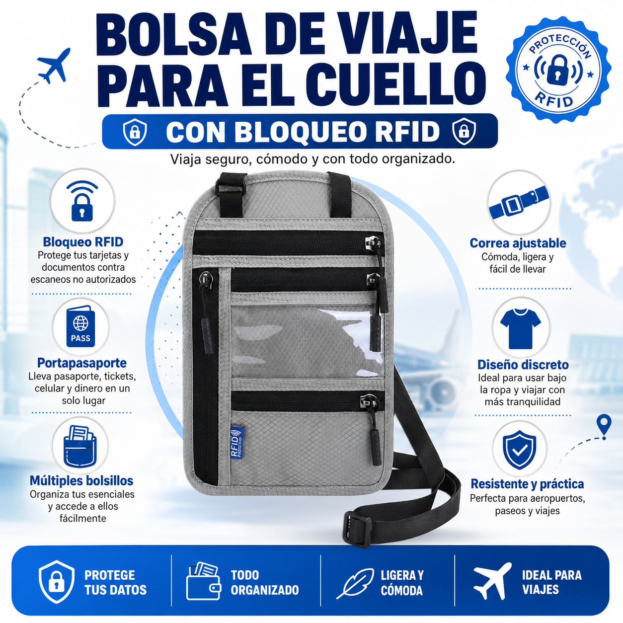 TRAVELUX – Bolsa de Viaje para Cuello con Bloqueo RFID