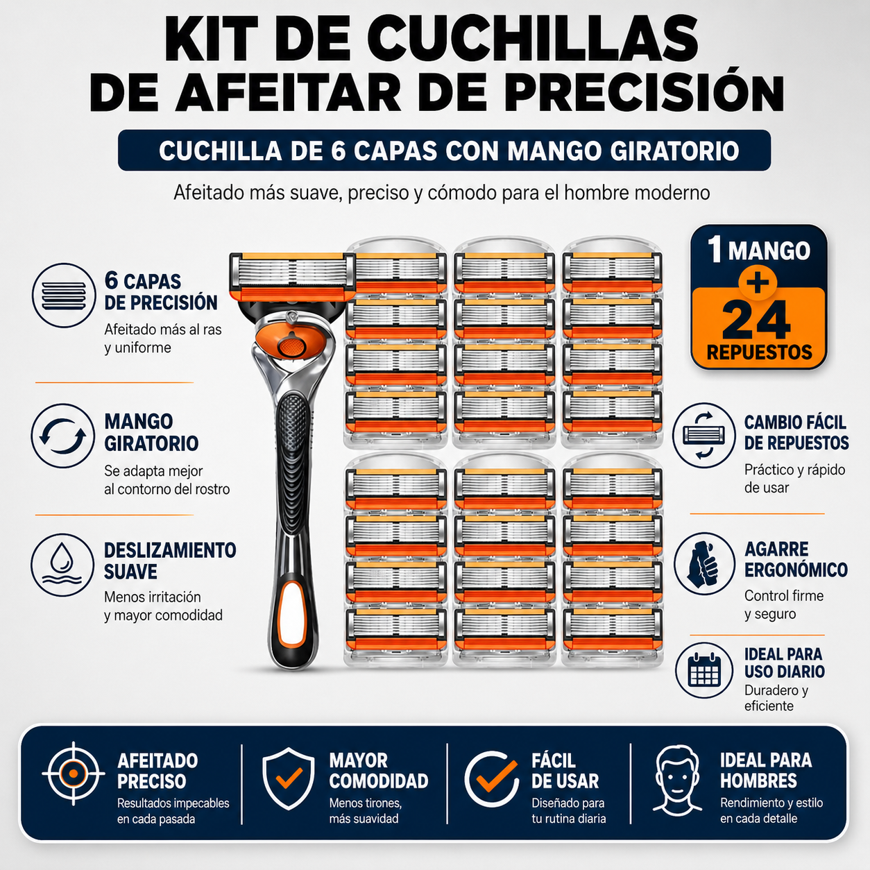 GLADIOR – Kit de Afeitado de Precisión con Mango Giratorio