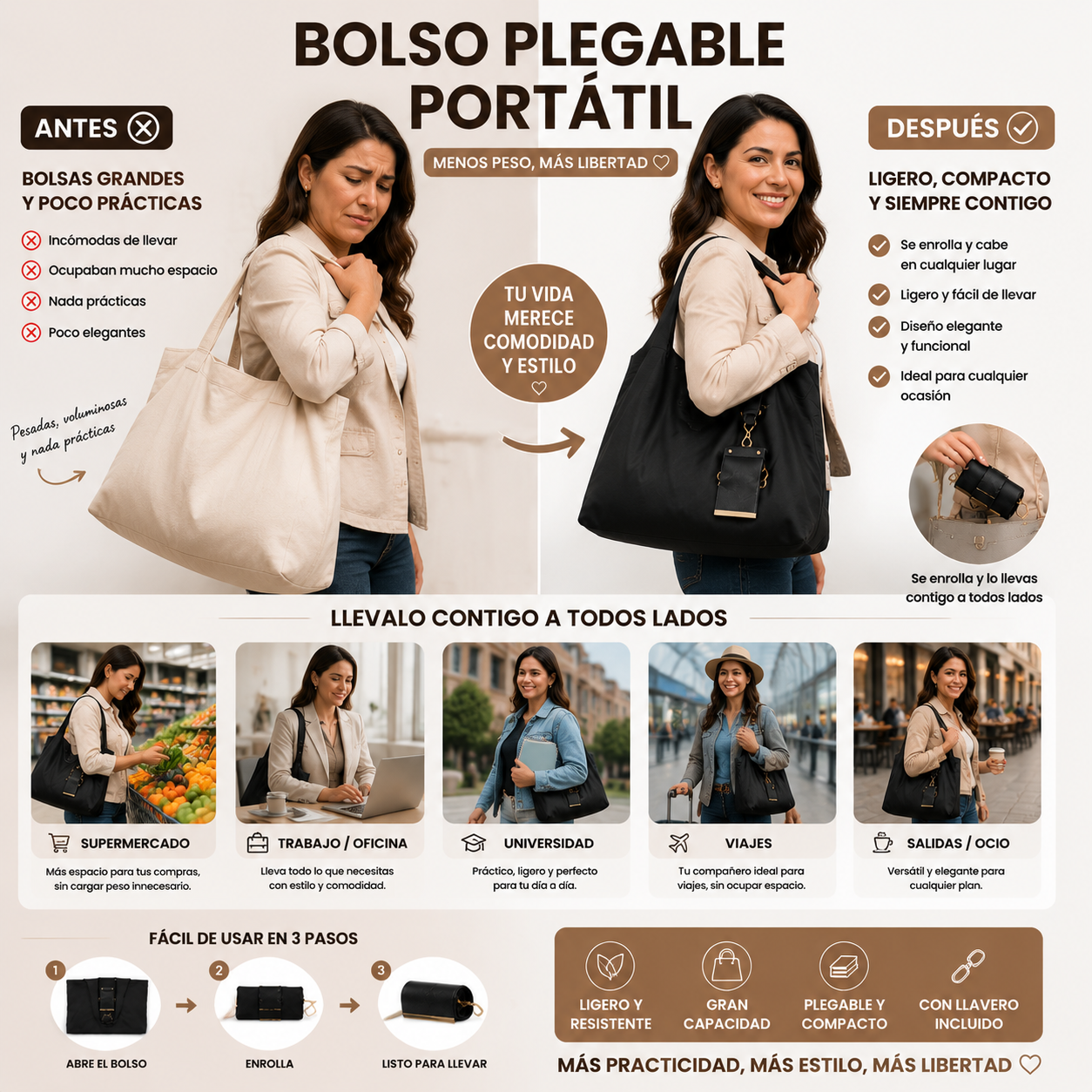 LUNA TOTE- Bolso Plegable Compacto y Portátil