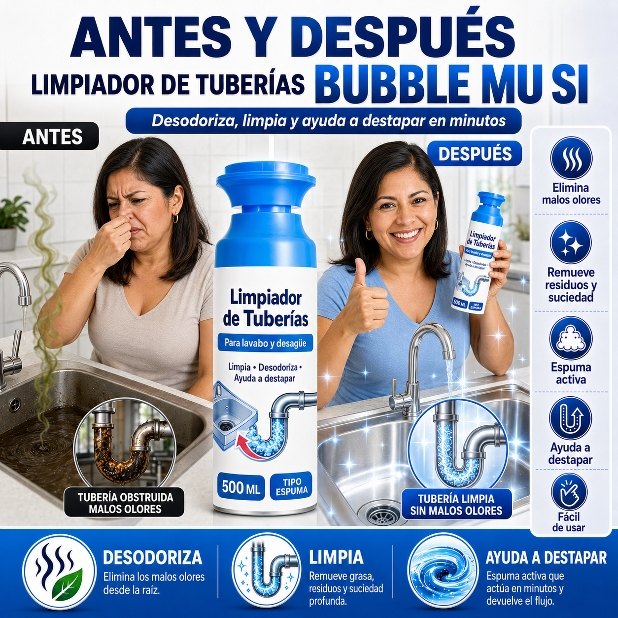 BUBBLE MU SI- Limpiador Destapador de Tuberías
