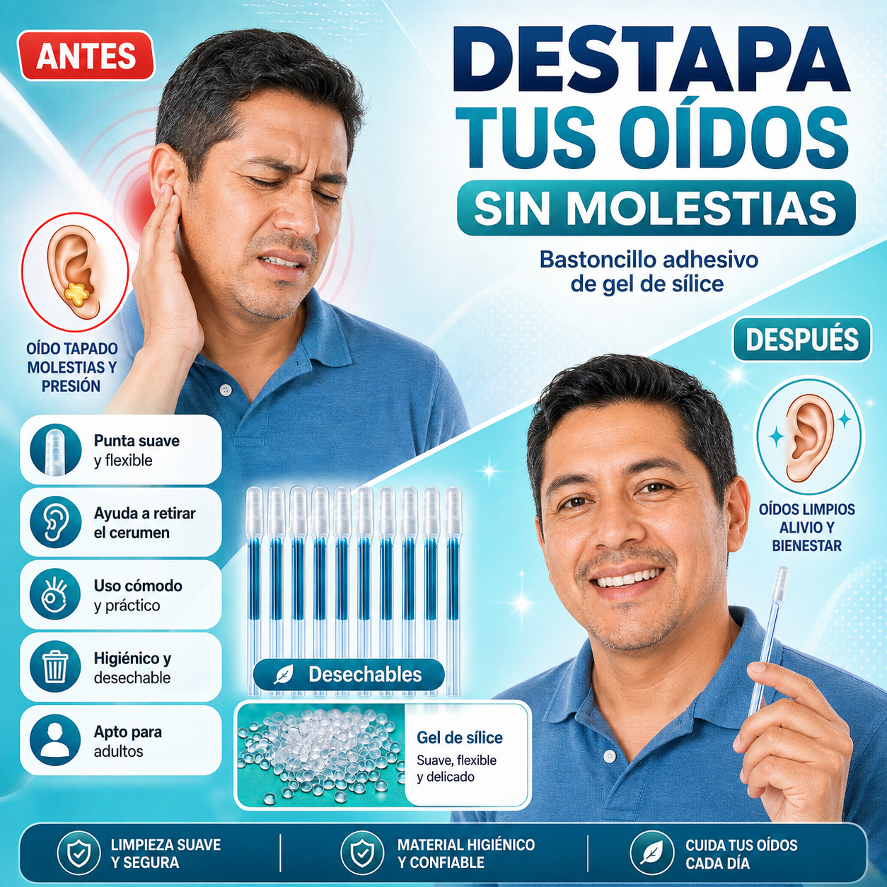 SILI PRO- Bastoncillos para Limpieza de Oídos