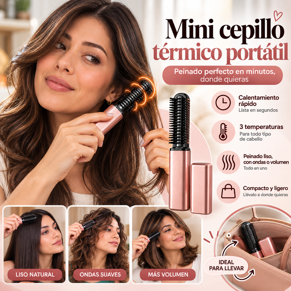 Velora - Mini cepillo térmico alisador portátil (tiktok)