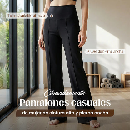 Pantalones casuales de mujer de cintura alta y pierna ancha -💖 Tejido Elástico Cómodo + Bolsillos Prácticos - Ideal para Trabajo, Paseos y Casa! ✨