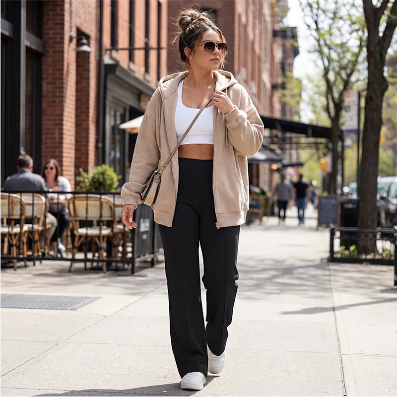 Pantalones casuales de mujer de cintura alta y pierna ancha -💖 Tejido Elástico Cómodo + Bolsillos Prácticos - Ideal para Trabajo, Paseos y Casa! ✨