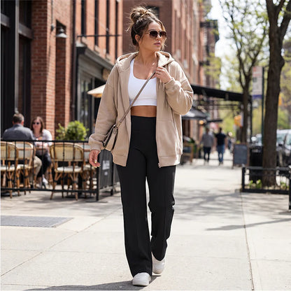 Pantalones casuales de mujer de cintura alta y pierna ancha -💖 Tejido Elástico Cómodo + Bolsillos Prácticos - Ideal para Trabajo, Paseos y Casa! ✨