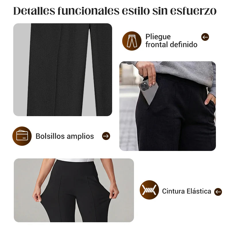 Pantalones casuales de mujer de cintura alta y pierna ancha -💖 Tejido Elástico Cómodo + Bolsillos Prácticos - Ideal para Trabajo, Paseos y Casa! ✨